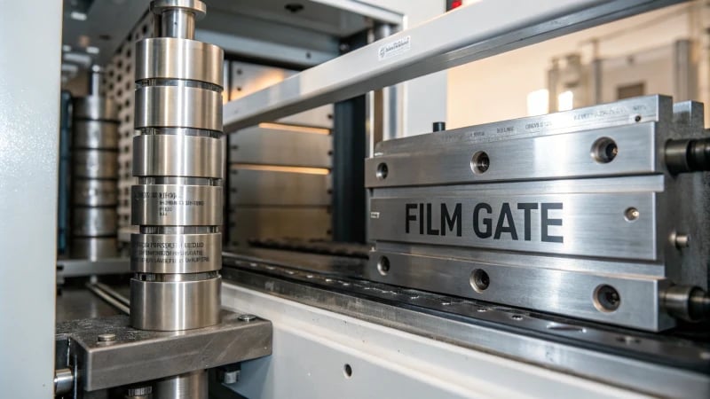 Close-up of a film gate in an injection molding machine