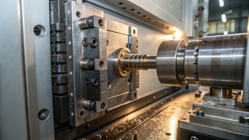 Close-up view of a film gate in an injection molding machine