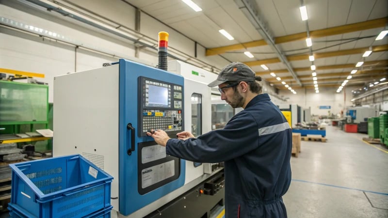 A technician adjusting controls on a plastic injection molding machine in a manufacturing facility.