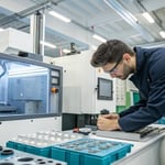Technician adjusting settings on an injection molding machine