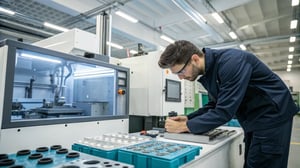 Technician adjusting settings on an injection molding machine