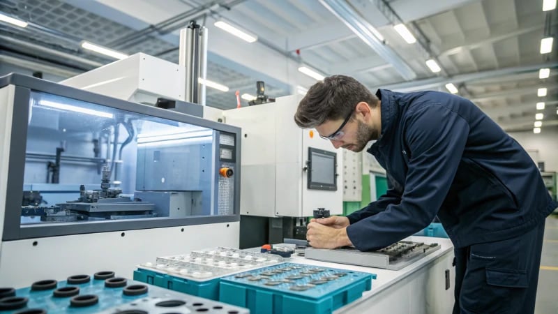 Technician adjusting settings on an injection molding machine