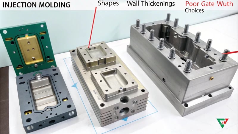 Technical illustration of gate width selection mistakes in injection molding