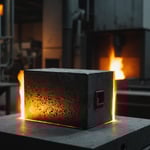 Steel block undergoing heat treatment with glowing furnace and cooling tank