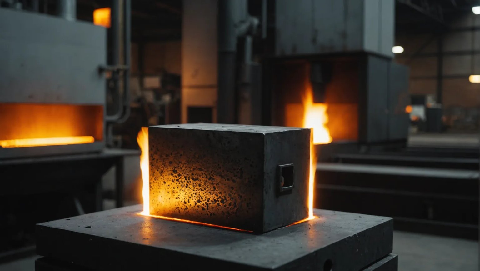 Steel block undergoing heat treatment with glowing furnace and cooling tank