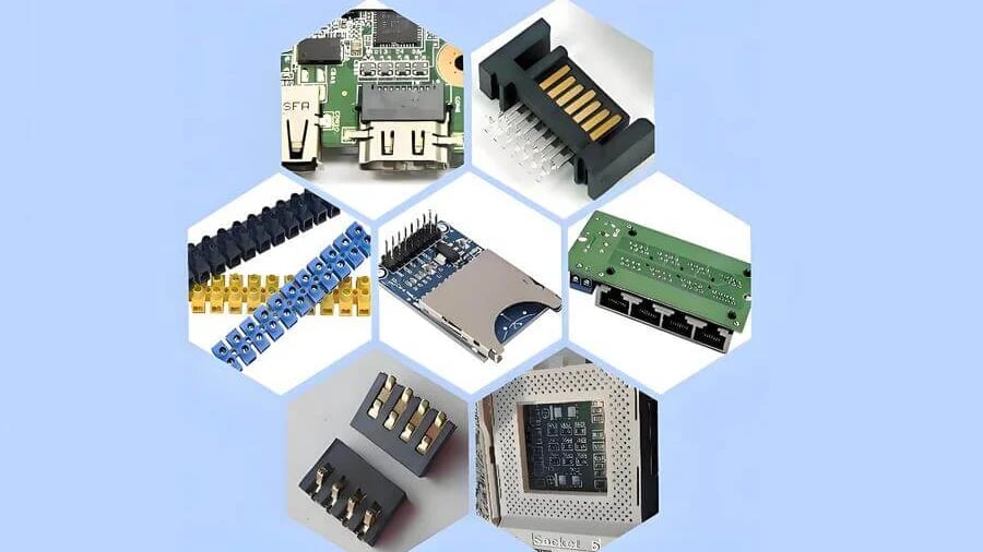 Hexagonal layout showcasing various electronic components including PCBs and connectors