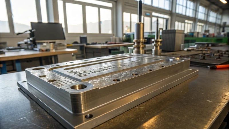 Close-up of a polished metal mold in a factory