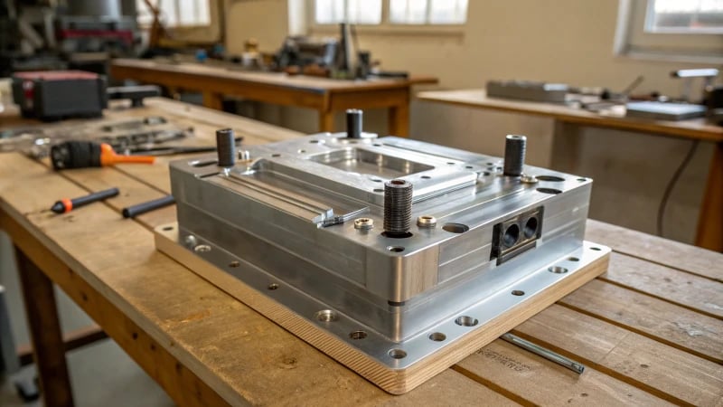 Close-up of a high-precision industrial mold on a workbench