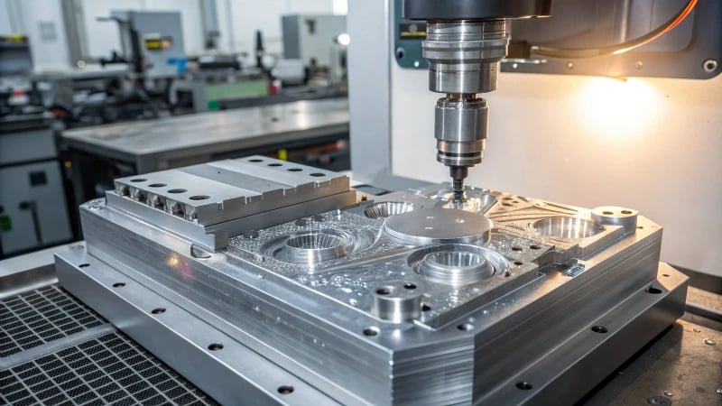 A high-precision metallic mold in a modern workshop