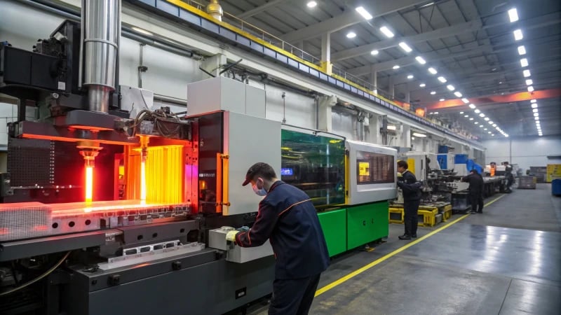 Industrial injection molding machine in operation