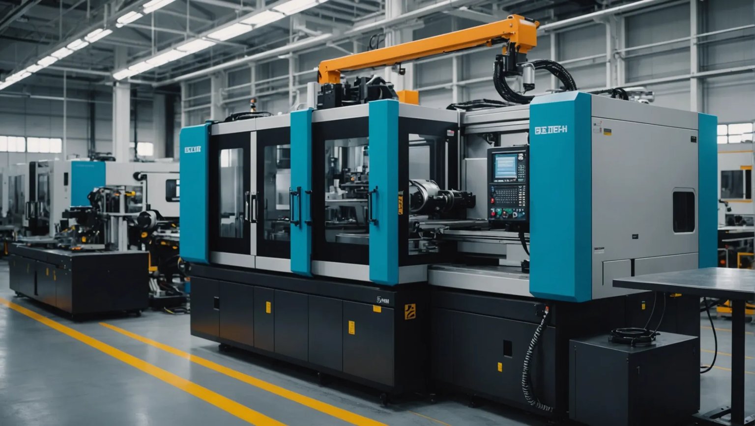 Close-up of high-speed injection molding machine in action
