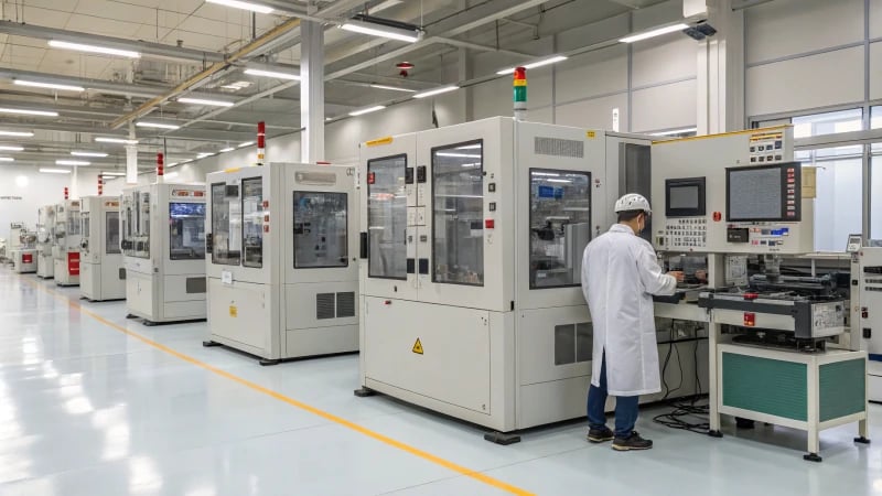 A high-tech electronics production facility with injection molding machines and workers