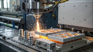 Industrial injection molding machine in operation