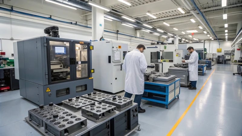 Engineers inspecting machinery in a modern workshop