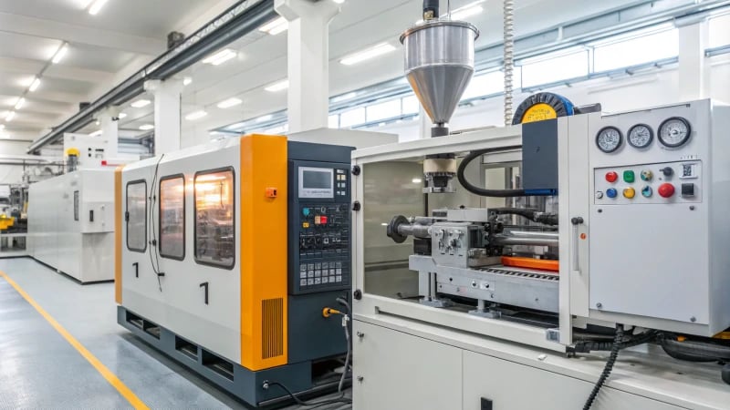 Close-up of an industrial injection molding machine in a factory