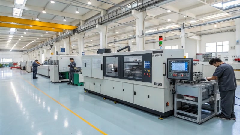 A high-tech injection molding machine in a bright factory setting