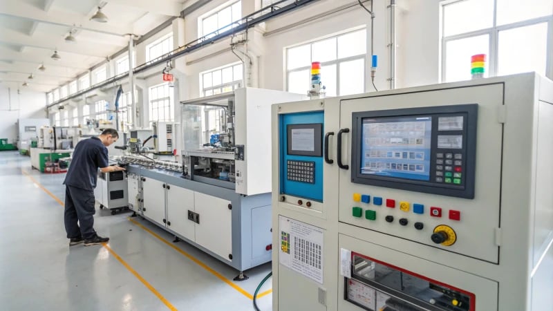 A high-tech injection molding workshop with advanced machinery and a technician adjusting controls.