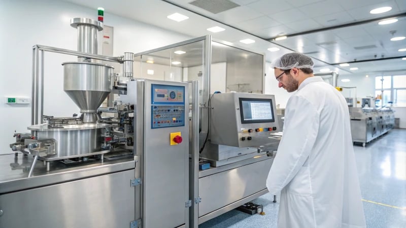Scientist in a laboratory monitoring a polymer processing machine