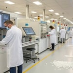 A modern laboratory with scientists analyzing plastic samples