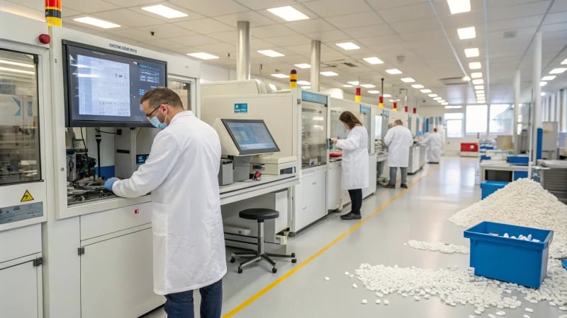 A modern laboratory with scientists analyzing plastic samples