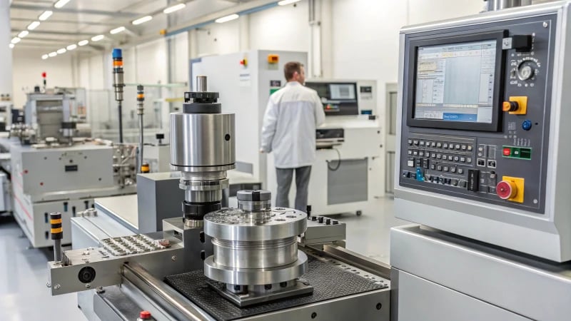 Advanced manufacturing equipment with digital displays in a well-lit facility