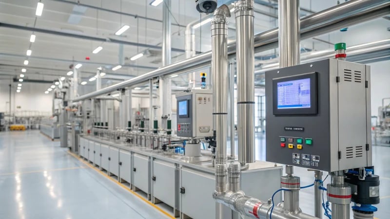 High-tech manufacturing facility with flow sensors and organized workspaces