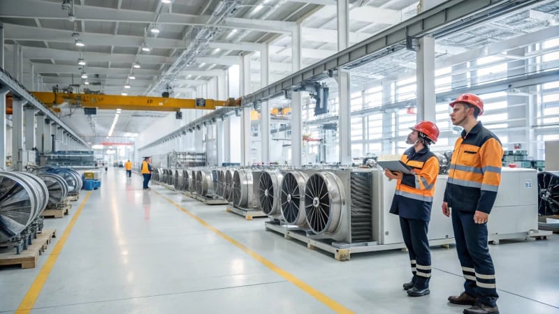 A large manufacturing facility with workers observing cooling machines