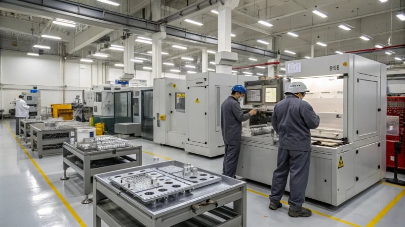 Workers inspecting molds in a high-tech manufacturing facility