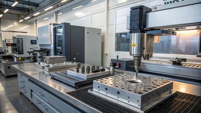 A high-tech mold-making workshop with CNC machines and precision tools