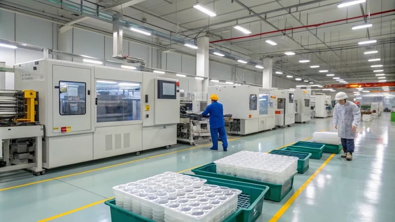 A busy high-tech packaging facility with workers and modern machinery.