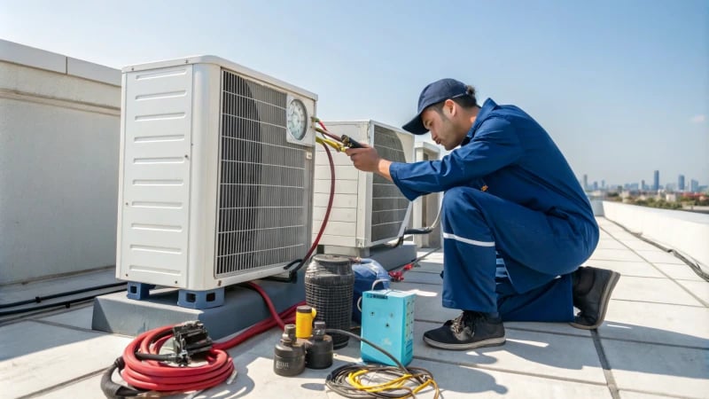 HVAC technician inspecting air conditioning unit on rooftop