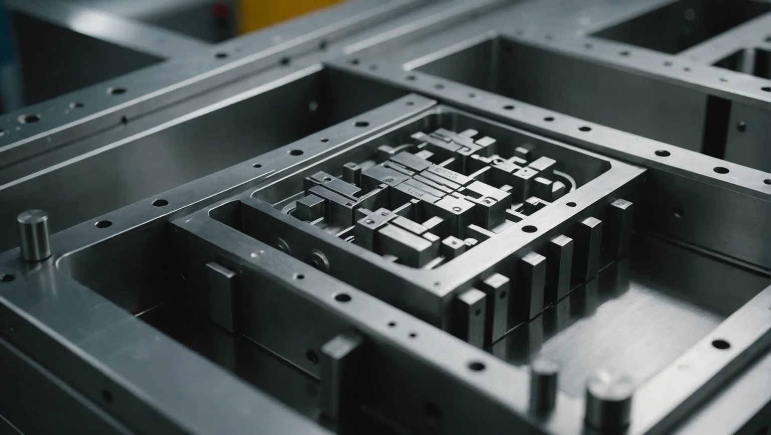 Close-up of a polished injection mold with advanced tooling