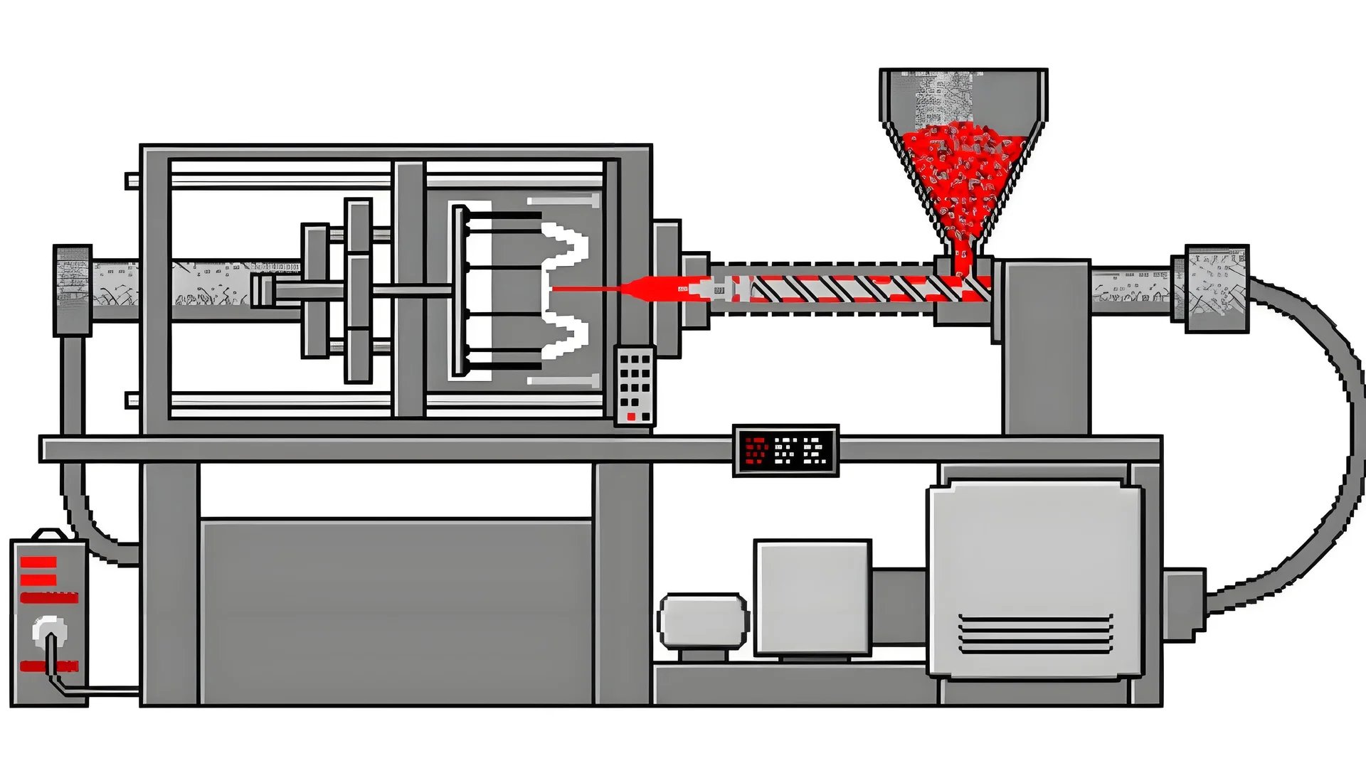 Industrial injection molding machine with hopper and screw