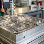 Close-up of an industrial injection mold with intricate details