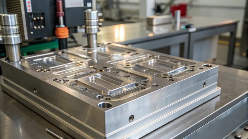 Industrial Injection Mold Close-up of an industrial injection mold with intricate details