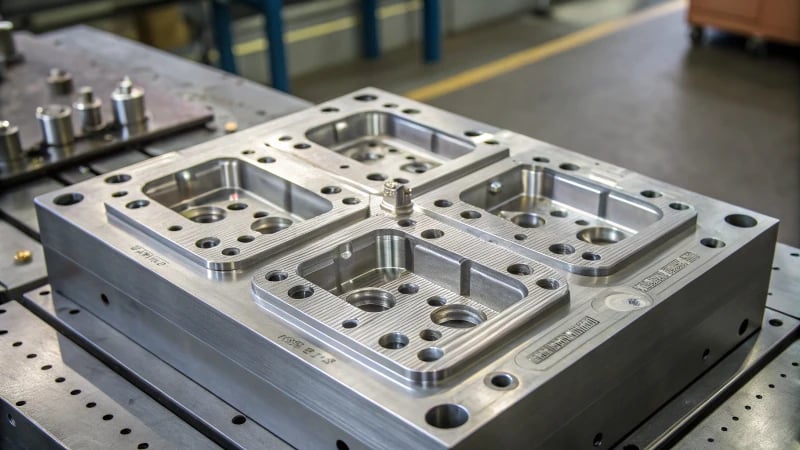 Close-up view of a complex industrial injection mold