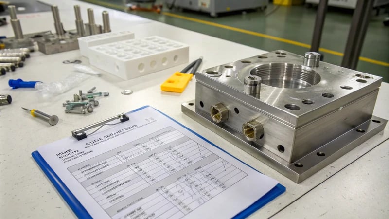 Close-up of an industrial injection mold with plastic parts and clipboard