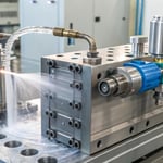 Close-up of an industrial injection mold cooling system