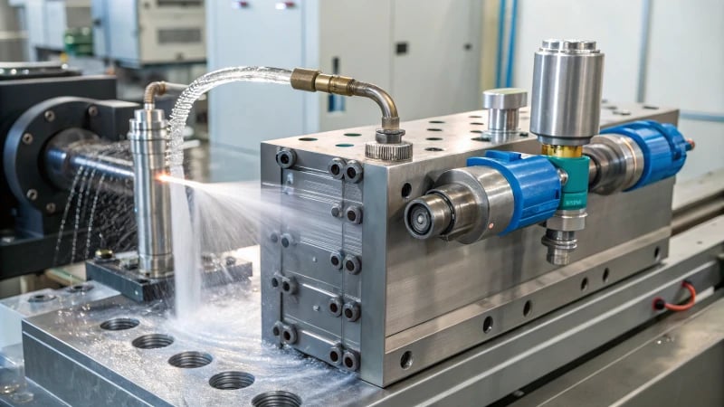 Close-up of an industrial injection mold cooling system