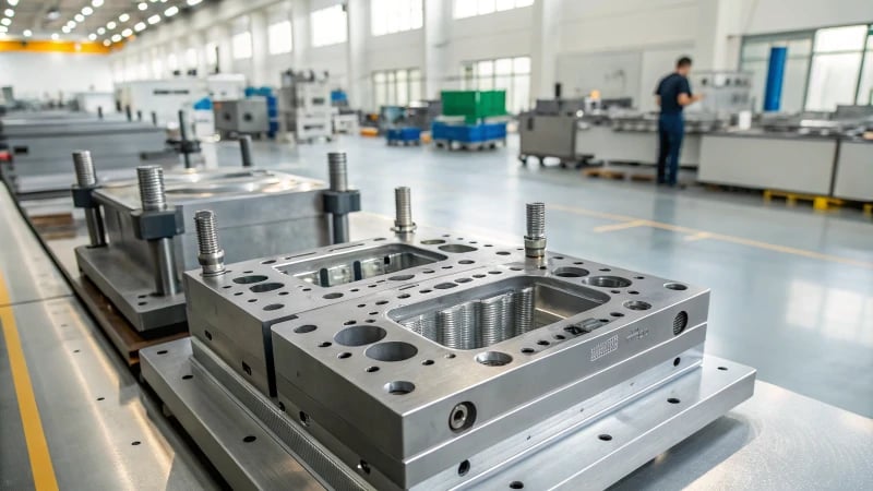 A detailed view of an industrial injection mold in a factory setting.