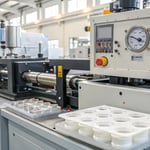 Industrial injection molding machine in a factory setting