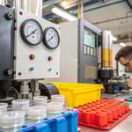 Industrial injection molding machine in a factory setting