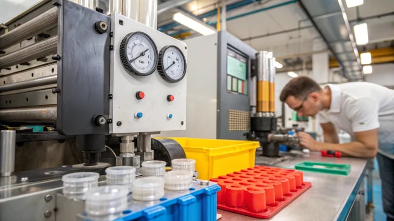 Industrial injection molding machine in a factory setting