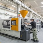 An operator adjusting an industrial injection molding machine