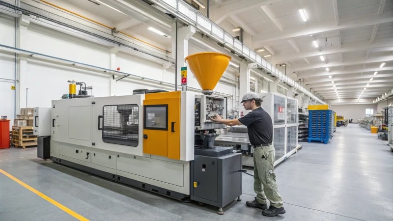 An operator adjusting an industrial injection molding machine