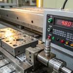 Close-up of an industrial injection molding machine's mold section