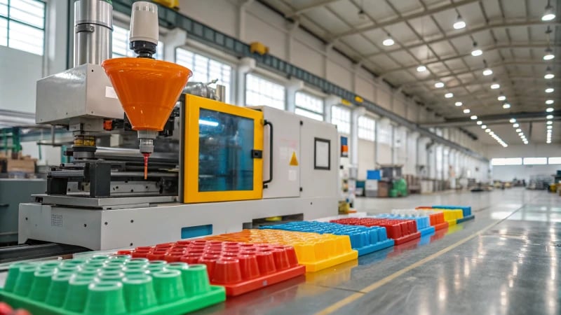 Close-up of an industrial injection molding machine's cooling system