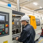 A technician inspecting an industrial injection molding machine.