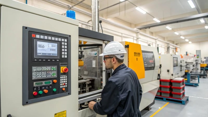 A technician inspecting an industrial injection molding machine.