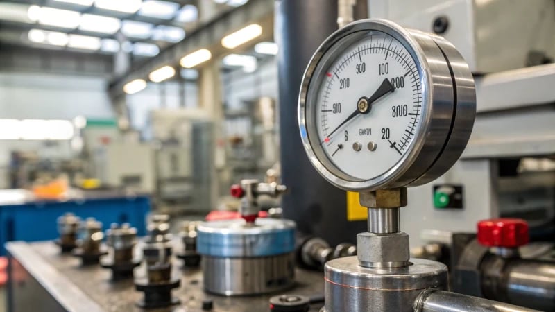 Close-up of an industrial injection molding machine's pressure gauge